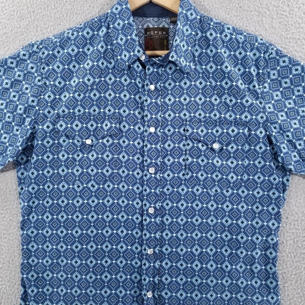 Roper Shirt Mens Medium Blue Aztec Southwest Stripe Pearl Snap Western Country